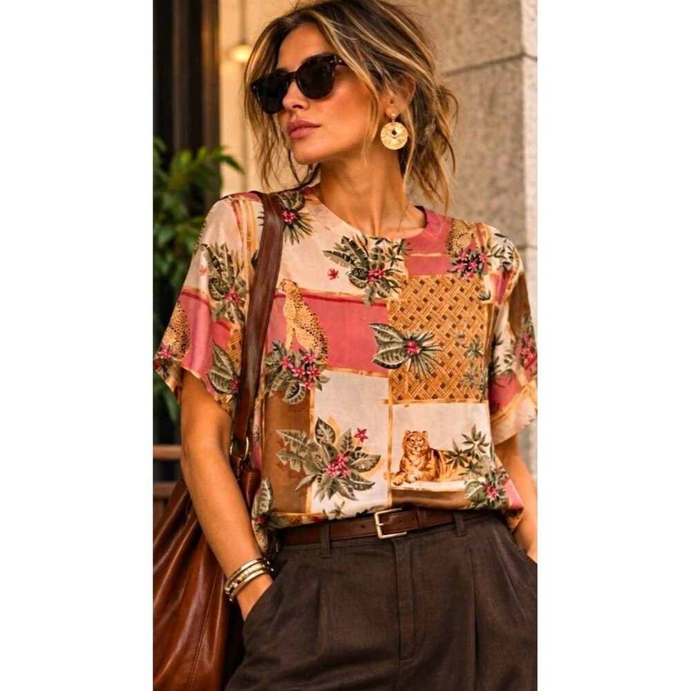 Vintage Alfred Dunner 100% Silk Tiger Cheetah Safari Blouse Top Size 14 NWT